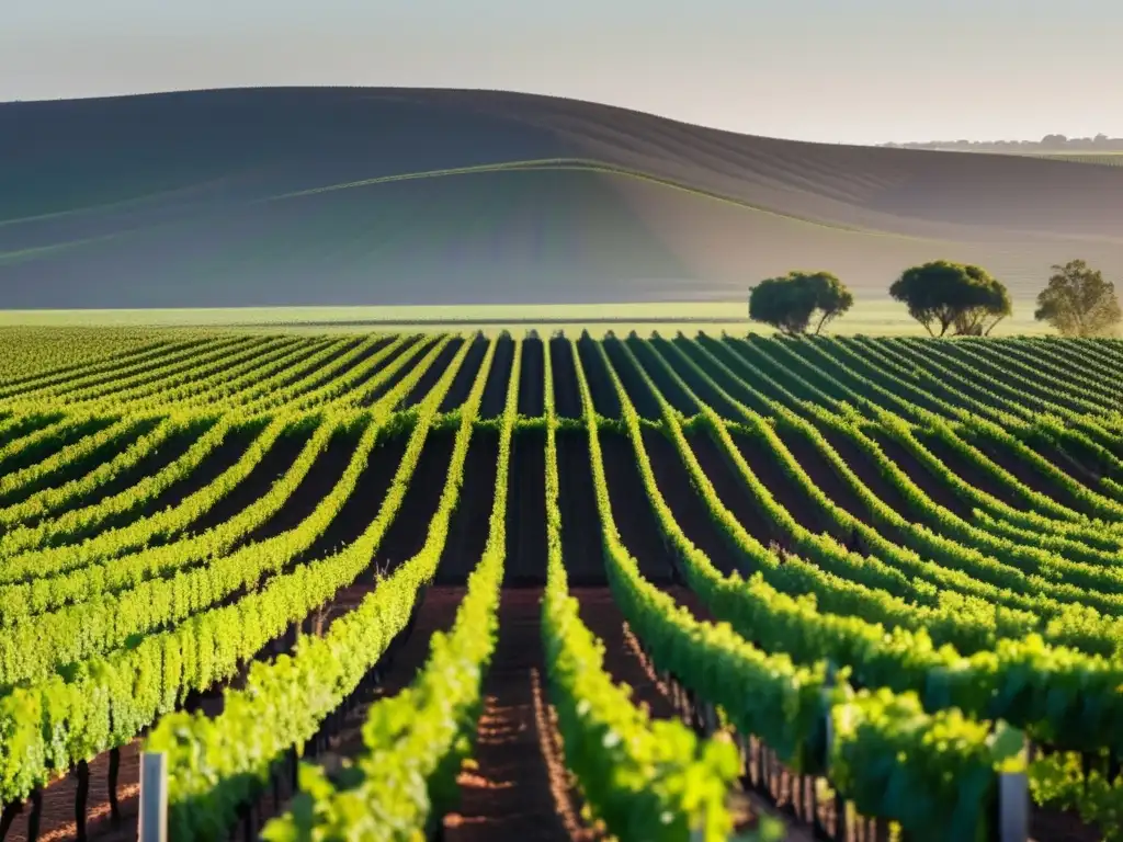 Influencia minera suelos vinos Coonawarra, viñedo minimalista con filas de vides alineadas, suelo fértil y contraste vibrante