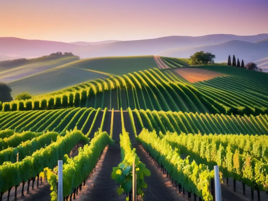 Influencia música en vinificación: Paisaje sereno de viñedo al atardecer, con rayos dorados del sol iluminando colinas cubiertas de viñas verdes