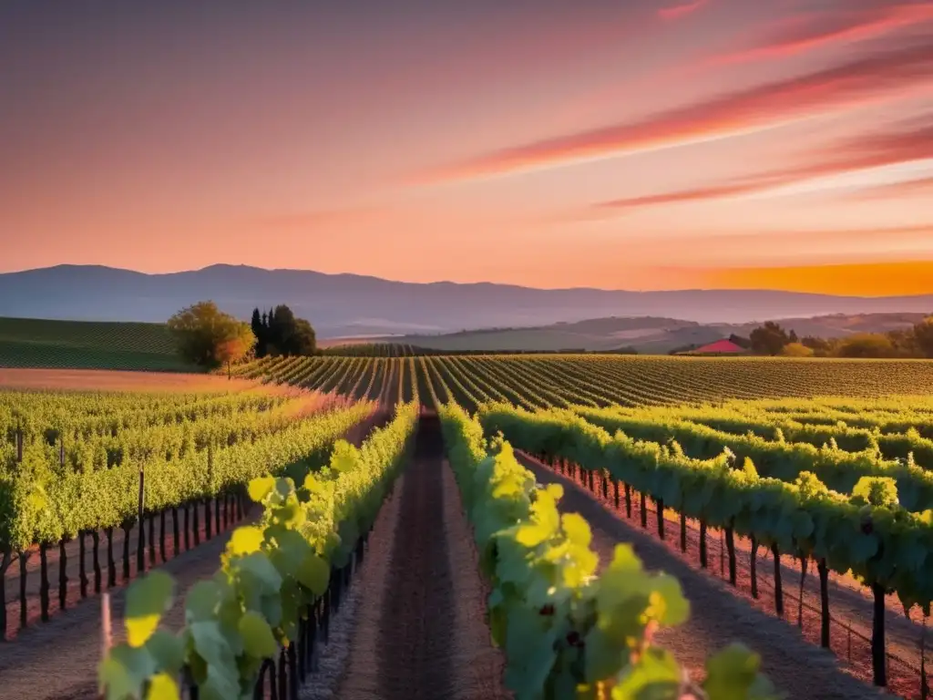 Influencia música en vinificación: viñedo minimalista al atardecer, con filas de vides que se extienden hacia el horizonte