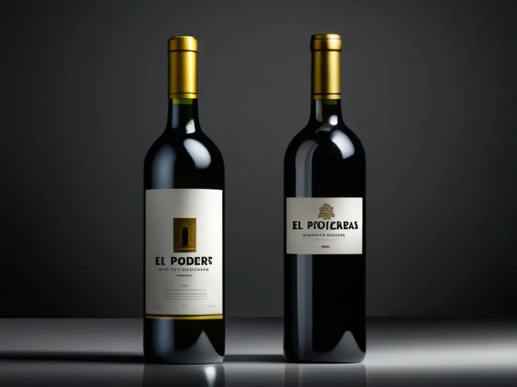 Influencia reseñas catadores vino: imagen elegante y minimalista de botella negro/blanco en superficie reflectante