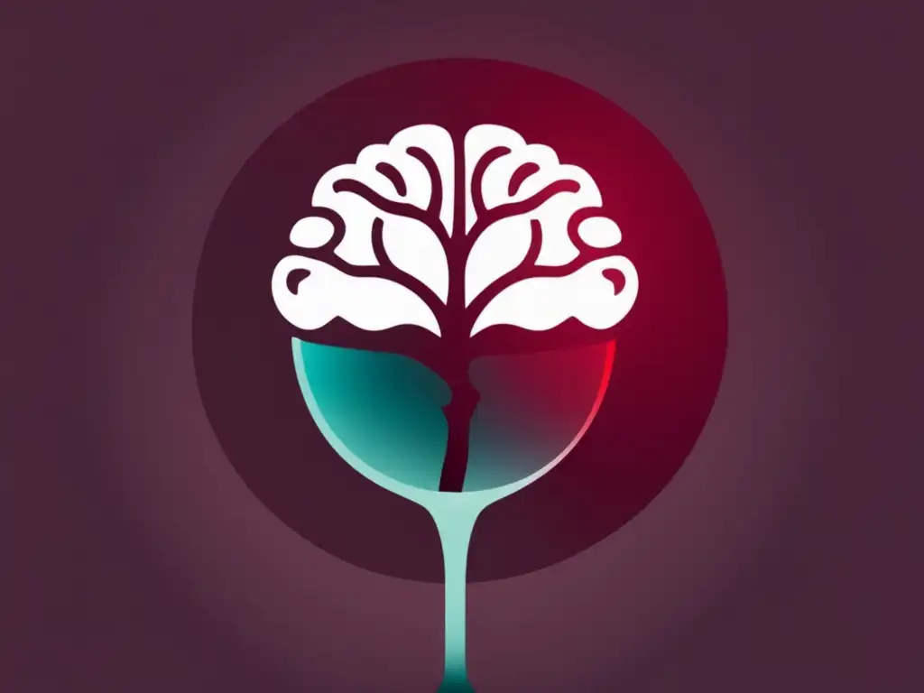 Influencia vino en salud mental: copa minimalista con cerebro en silueta,gradiente de rojo a claro, fondo de colores pastel tranquilos