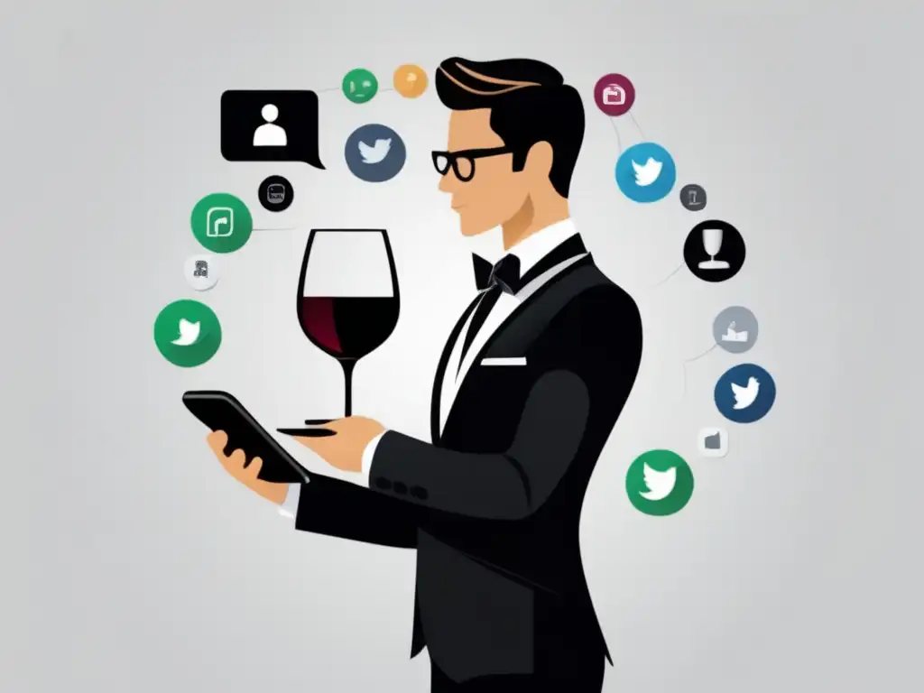 Influencia de sommeliers en redes sociales, imagen minimalista de un sommelier con copa de vino y smartphone