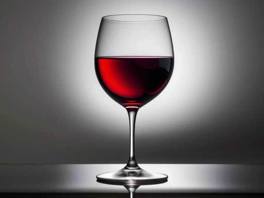 Influencia del sonido en la fermentación del vino - Vaso minimalista con vino tinto en fondo blanco, iluminado con luz cálida y reflejos elegantes