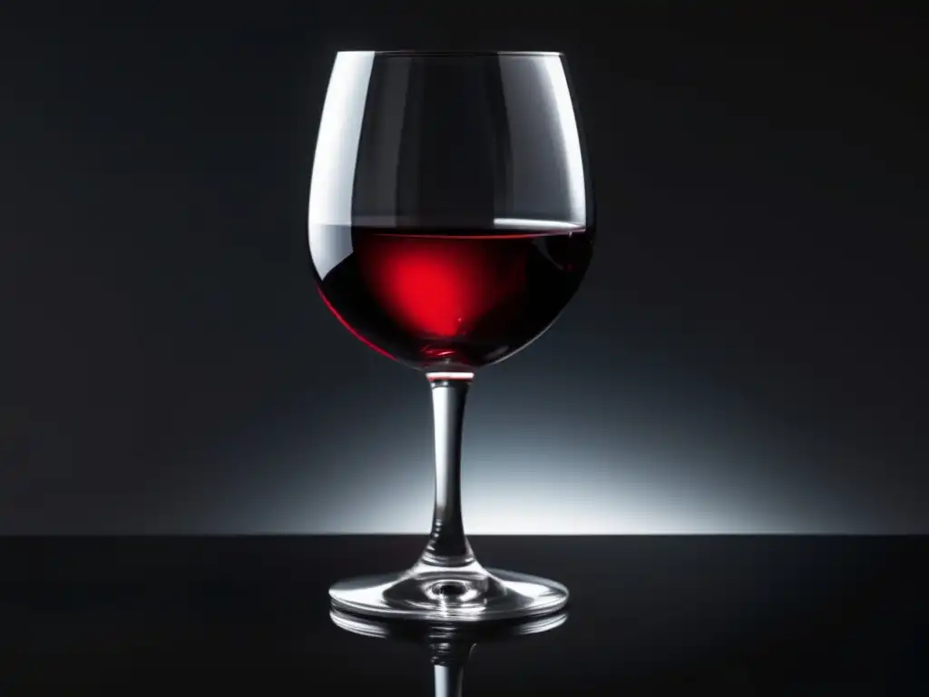 Influencia del vino en cuentos: copa de vino rojo sobre superficie oscura, reflejos y sombras crean composición intrigante