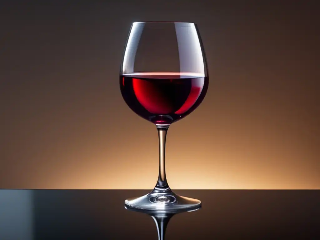 Influencia del vino en envejecimiento: copa elegante, vino rojo profundo, reflejo sutil, luz suave y cálida, detalles intrincados de la copa