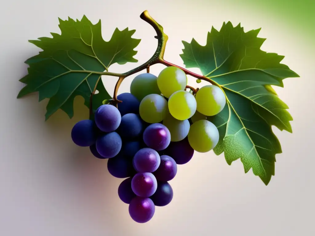 Influencia del vino en fertilidad: imagen detallada de una rama de vid con hojas verdes y racimos de uvas púrpuras