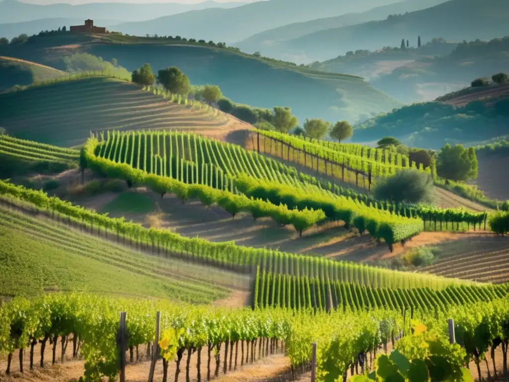 Influencia Alvaro Palacios vinos en viñedo minimalista de Priorat, con colores cálidos, montañas y neblina