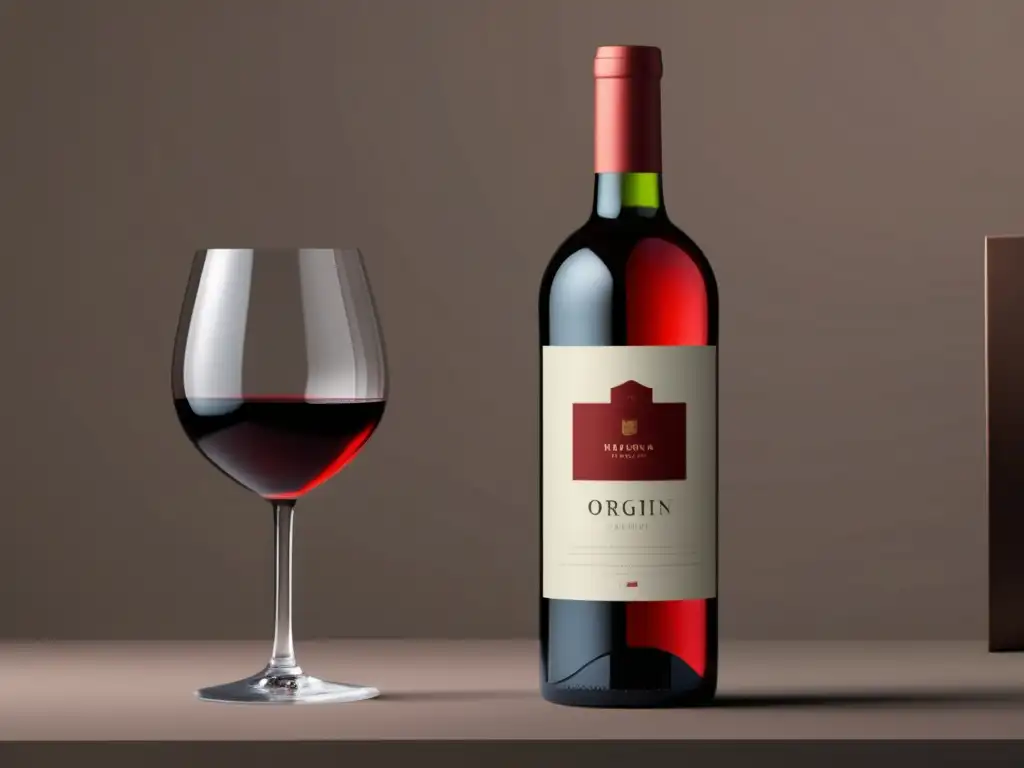 Descifrando información etiqueta vino: Botella de vino minimalista con diseño elegante y transparente, destacando el color rojo vibrante del vino