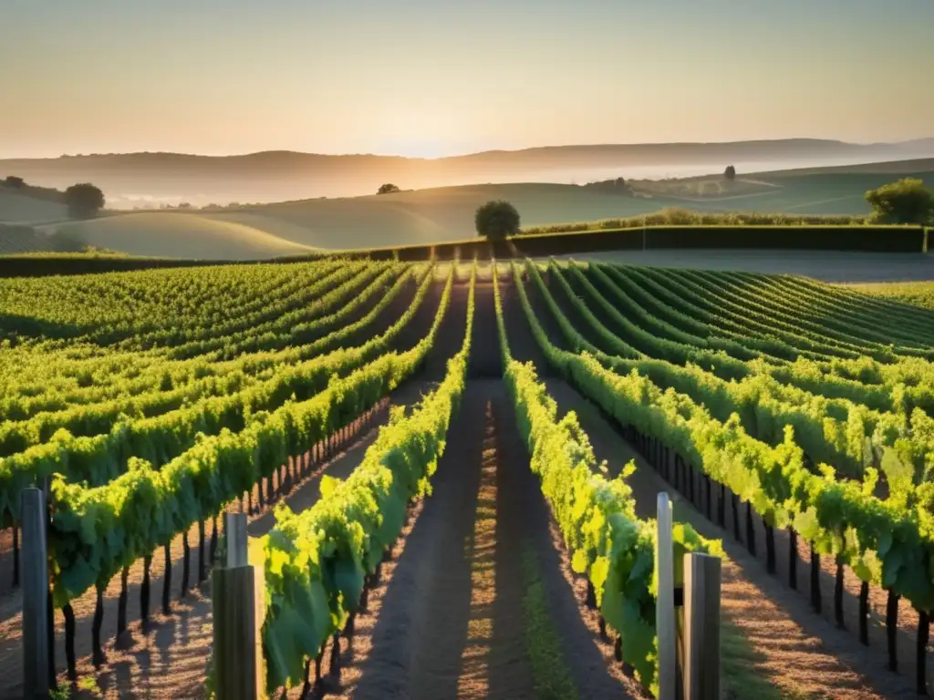 Innovaciones en la vinificación moderna: amanecer en viñedo, filas verdes de uvas, armonía con la naturaleza