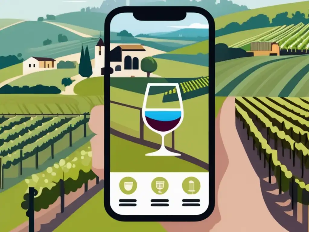 Innovaciones tecnológicas en la industria del vino: smartphone mostrando app con mapa, VR y pago sin contacto