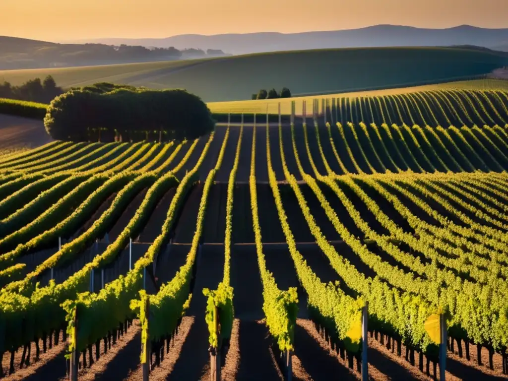 Innovaciones tecnológicas en la industria del vino: Viñedo minimalista al atardecer, transmitiendo serenidad y elegancia