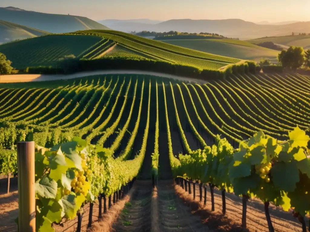 Innovaciones tecnológicas en producción de vino: Un espectacular paisaje de viñedos bañados en luz dorada, con un dron capturando cada detalle