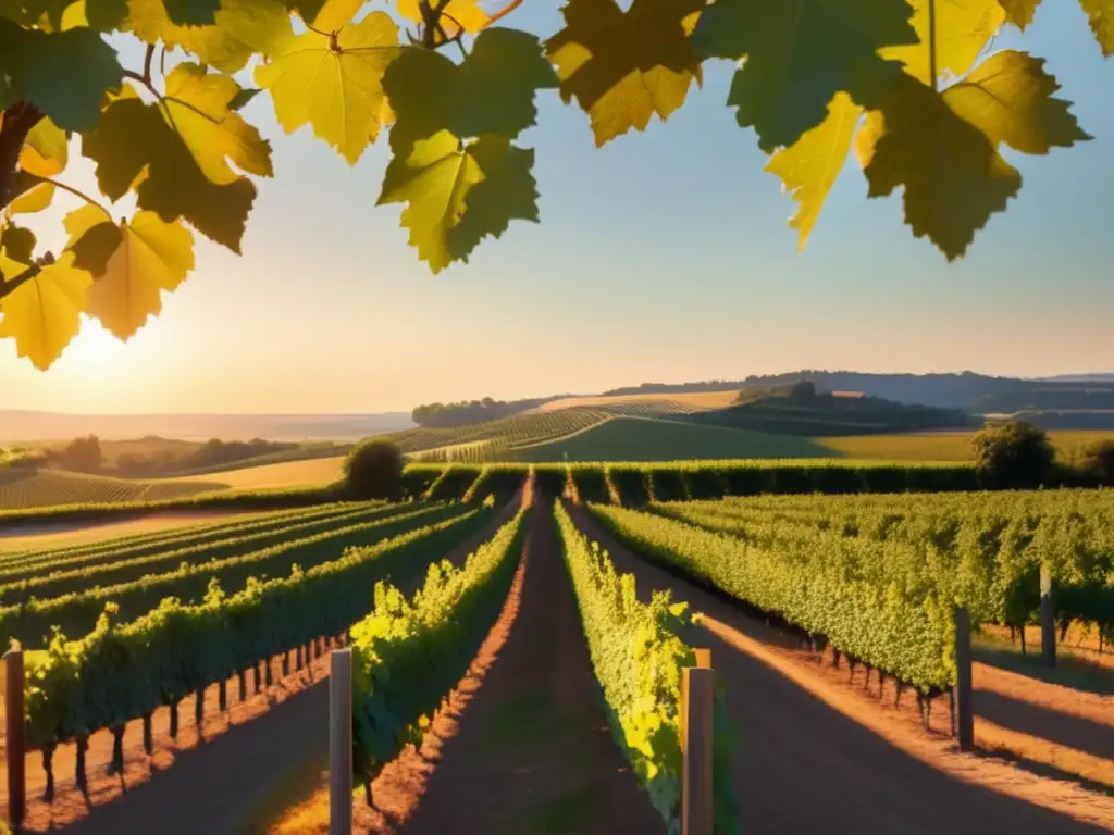 Innovaciones tecnológicas en producción de vino: Viñedo al atardecer, con filas de vides que se extienden hacia el horizonte