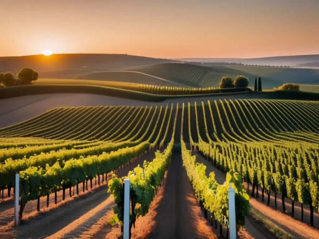 Innovaciones en la vid: Cambios en la industria vinícola - Viñedo al atardecer, estilo minimalista