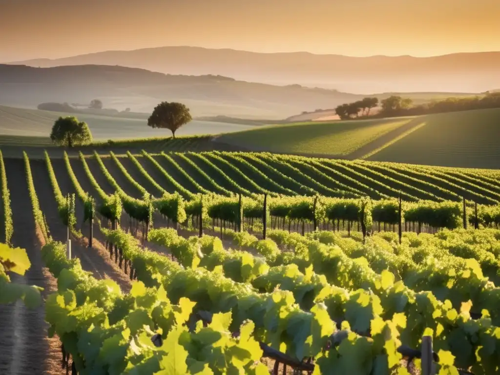 Innovaciones en la vid: Cambios en la industria vinícola - Viñedo sereno al atardecer, con vides verdes y paisaje minimalista