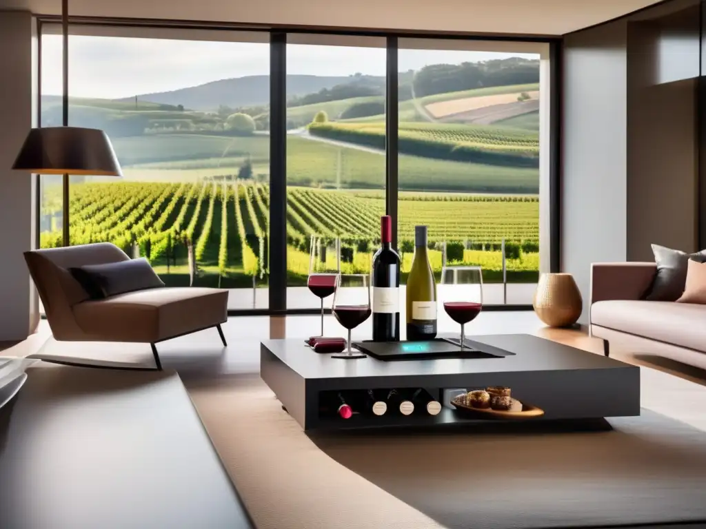 Integración de App de vino en dispositivos inteligentes en una sala moderna con vista a un viñedo