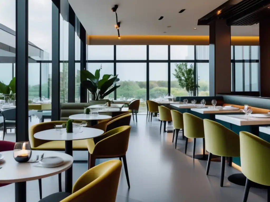 Interior minimalista de restaurante con ventanas grandes, mobiliario neutro y platos veganos en porcelana blanca