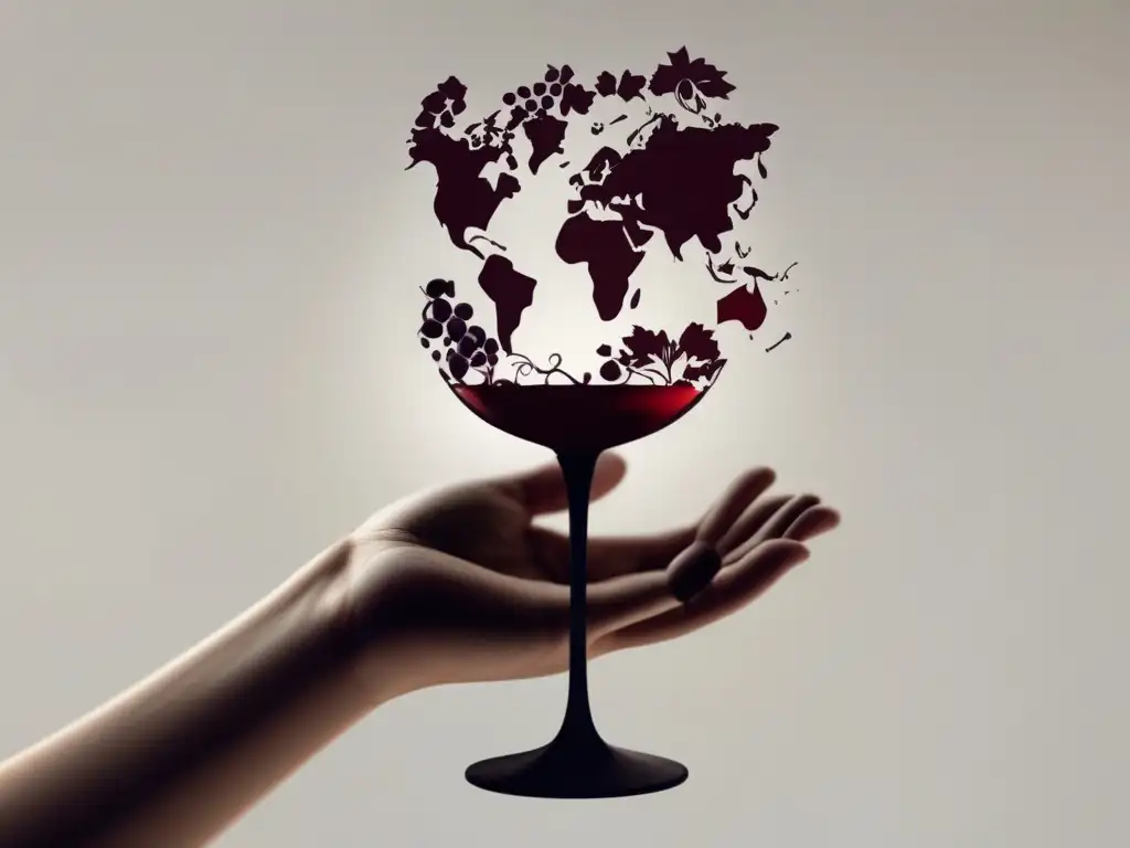 Tratados internacionales promoción cultural vino: Mano sosteniendo copa con vino rojo y mapa mundial, rodeada de viñedos y racimos de uvas