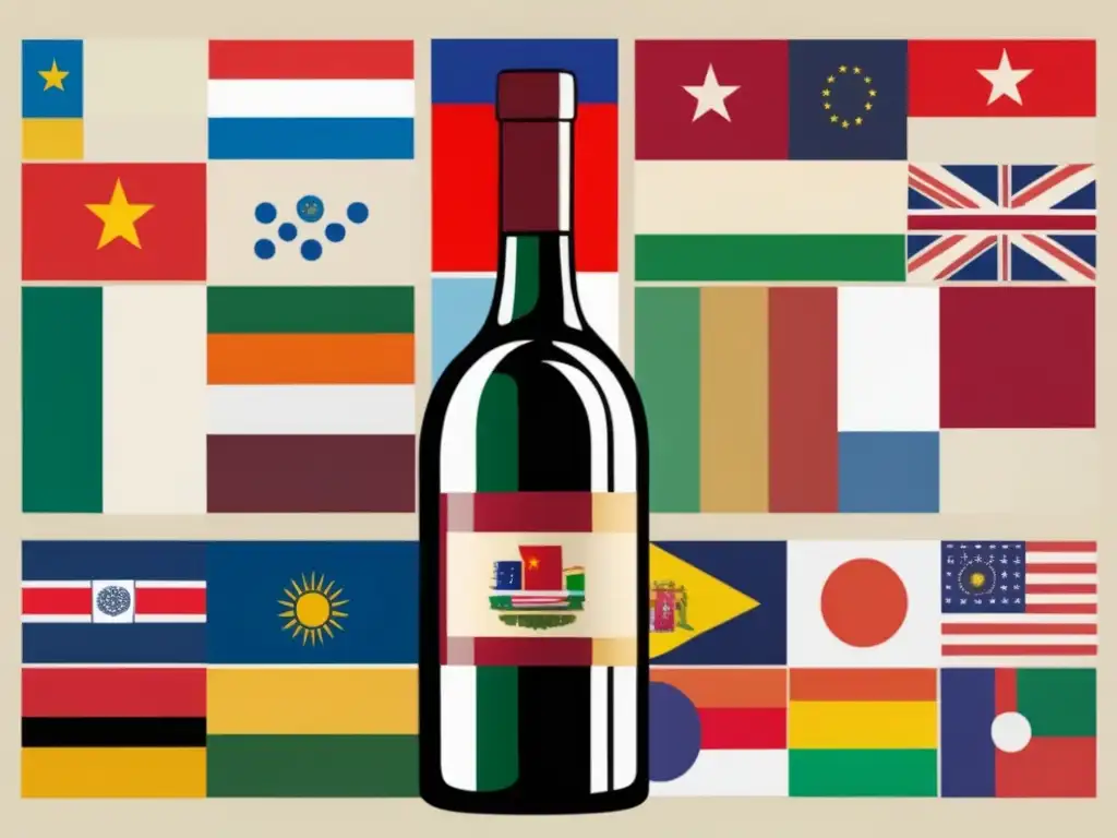 Tratados internacionales promoción cultural vino: botella elegante con banderas internacionales minimalistas