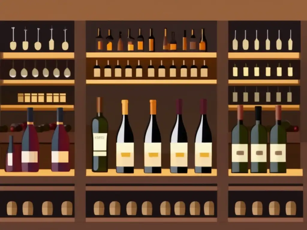 Gestión de inventarios online vinos: Bodega elegante y organizada con botellas de vino ordenadas en estantes de madera