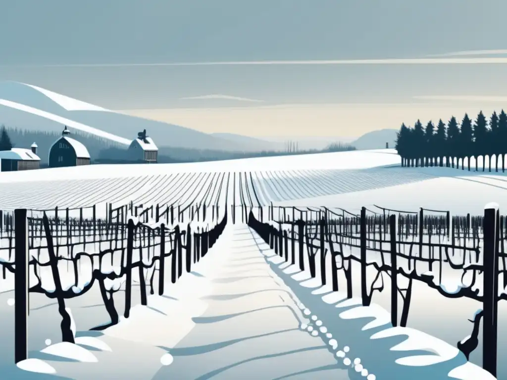 Icónica ilustración invernal de viñedos canadienses con uvas heladas, evocando los tipos de icewine canadiense