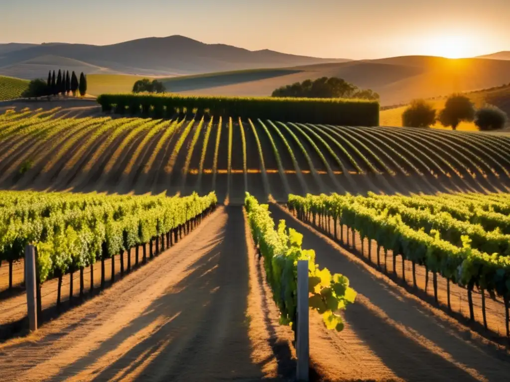 Inversiones en viñedos durante la crisis: Atardecer dorado en viñedo, elegancia y simplicidad