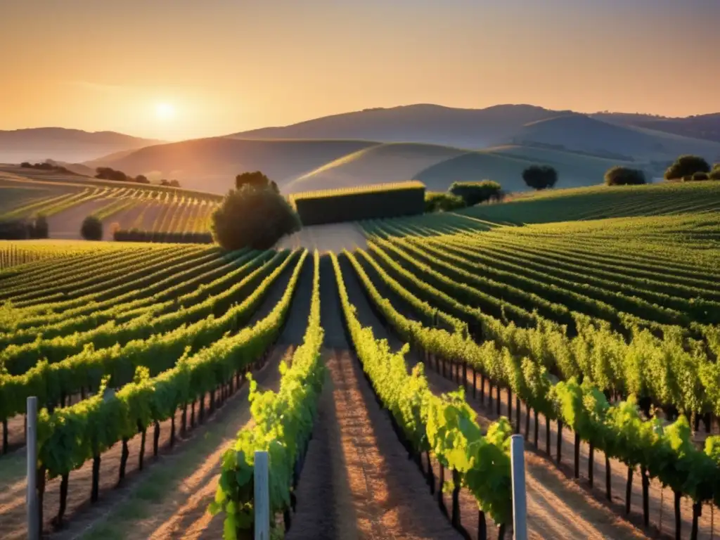 Inversiones en viñedos: paisaje minimalista de viñedos al atardecer, con filas de uvas vibrantes