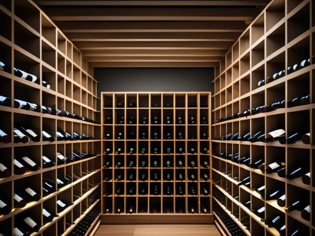 Inversiones en vino durante crisis: bodega sofisticada y minimalista con botellas alineadas, iluminación tenue y etiquetas elegantes