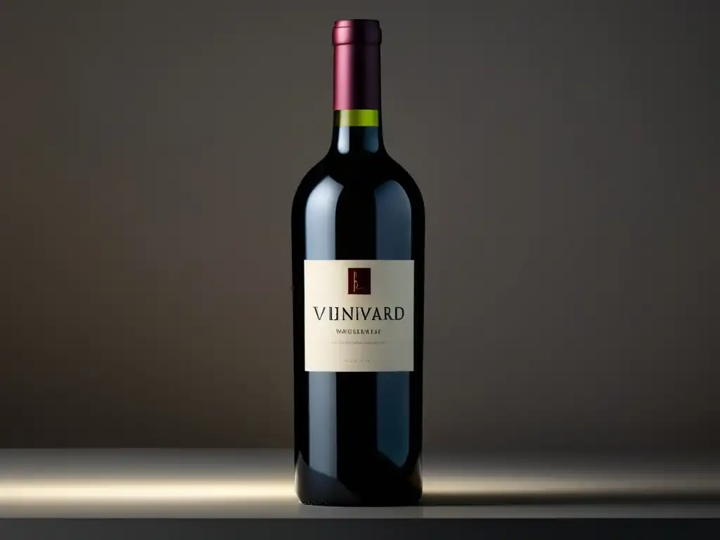 Inversiones en vino durante crisis - Elegante botella de vino negro sobre superficie reflectante, con iluminación suave y etiqueta de prestigiosa viña