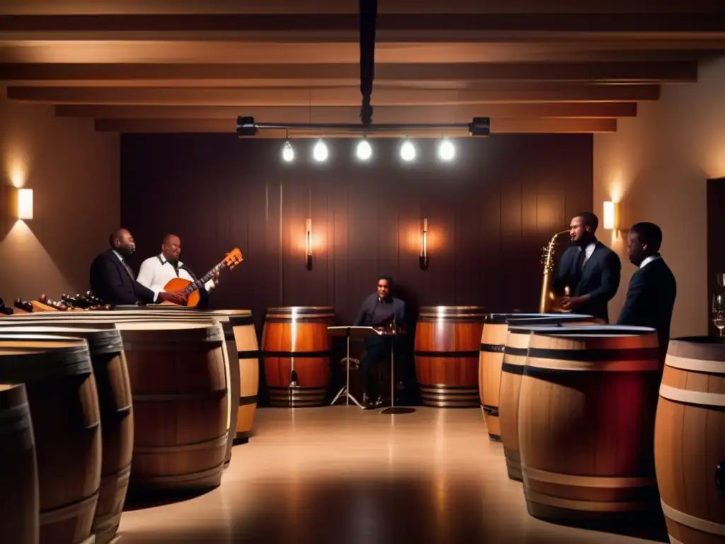 Relación Vino Jazz Bodegas: Sofisticación y armonía en una imagen minimalista de una bodega con barriles de madera y una banda de jazz moderna