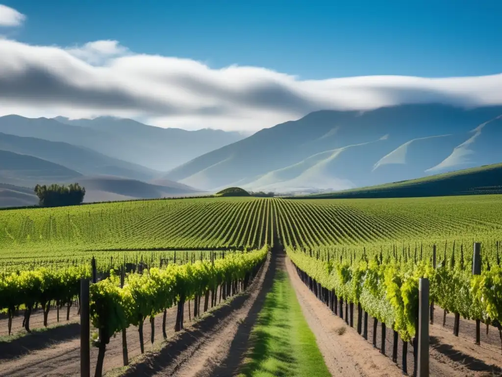 Viñedo paradisíaco en Valle de Casablanca, Chile Joyas enológicas en el Valle de Casablanca, Chile: viñedo sereno y elegante bajo el cielo azul y nubes blancas