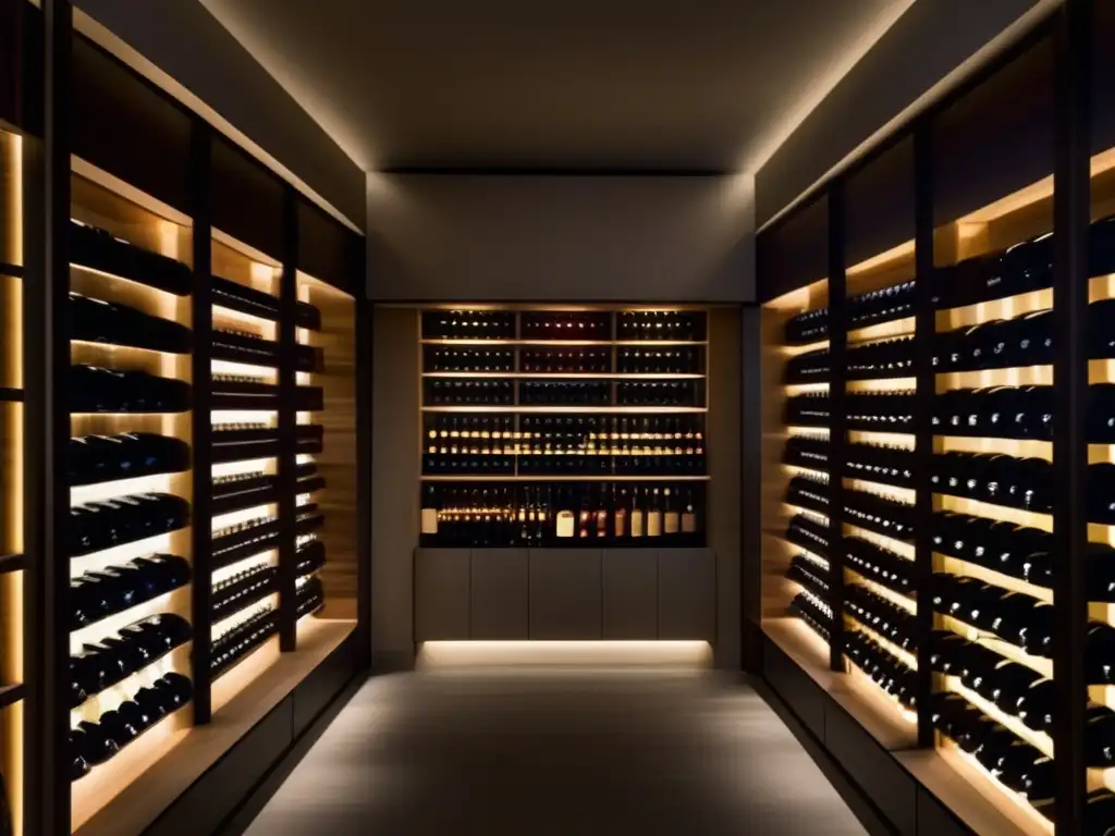 Vino en lata: calidad y comodidad - Bodega minimalista con botellas de vino elegantes y etiquetas claras reflejando atención y calidad