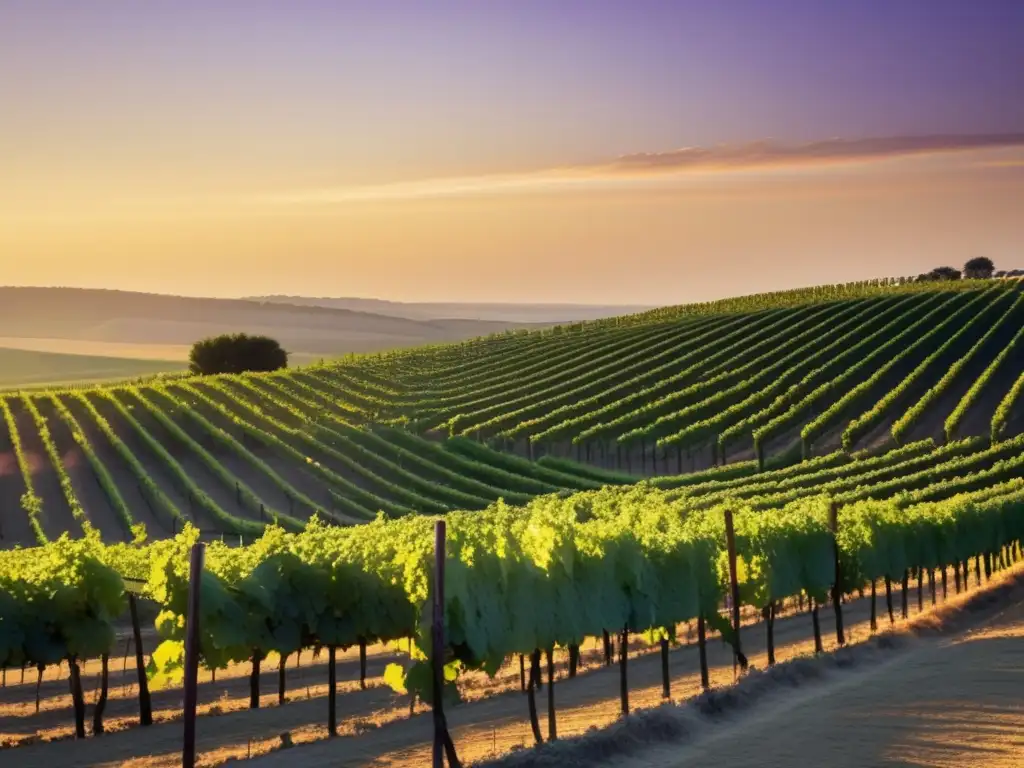 Leyendas vitivinícolas de la antigüedad: Viñedo tranquilo al atardecer, con uvas moradas y luz dorada, evocando serenidad