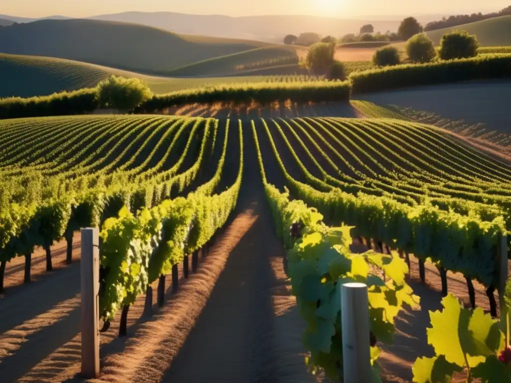 Lush vineyard at sunset, showcasing the divine origins of wine - Leyendas vitivinícolas de la antigüedad