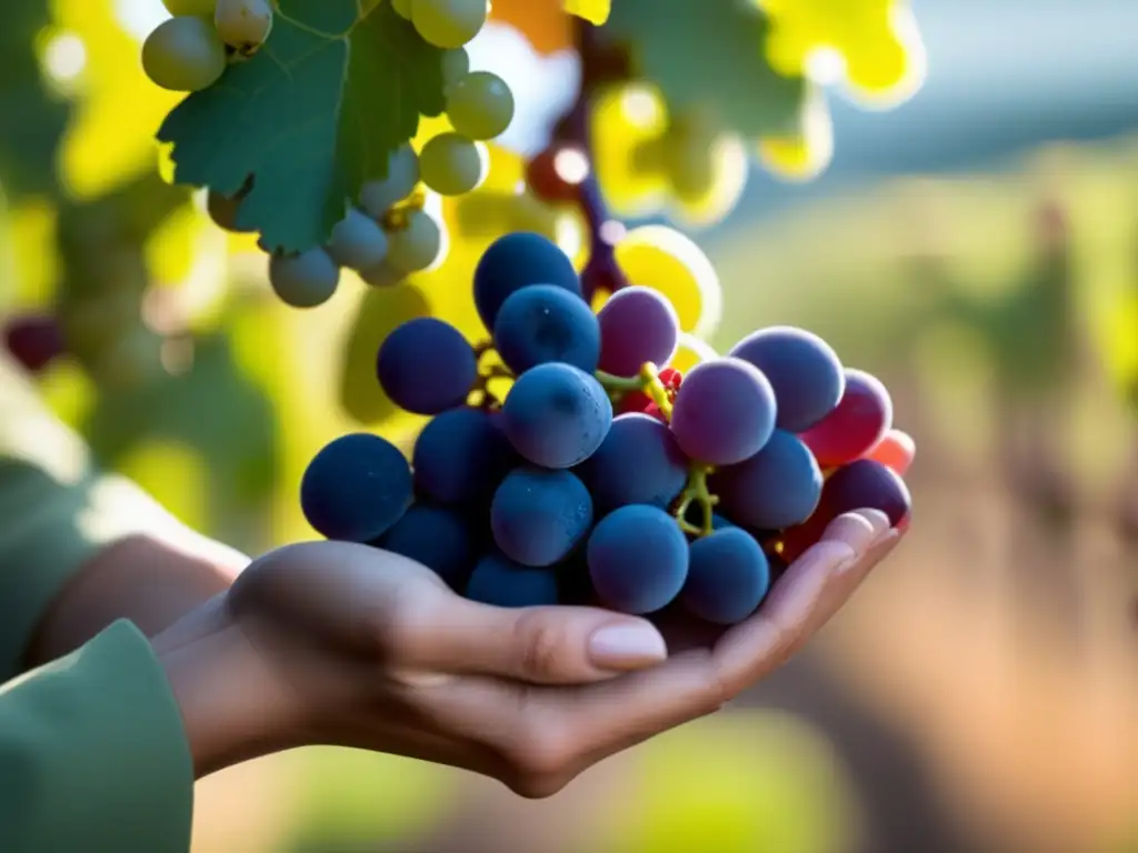 Manos de enóloga viajera inspeccionando uvas, simbolizando meticulosidad y profesionalismo