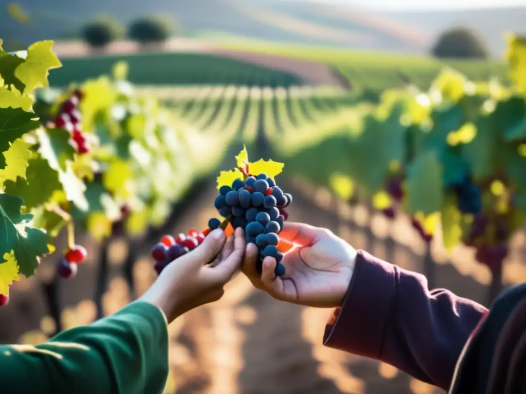 Manos seleccionando uvas Syrah/Shiraz intensas y especiadas en viñedo elegante