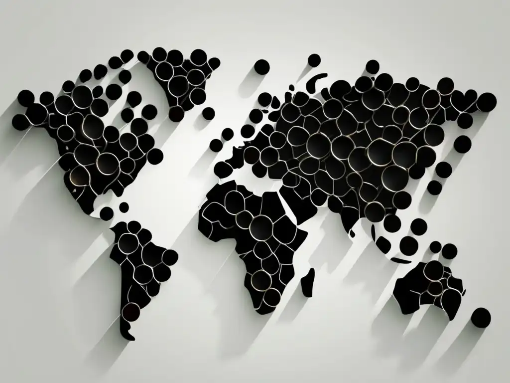 Globalización del vino: mapa minimalista de botellas interconectadas en blanco y negro