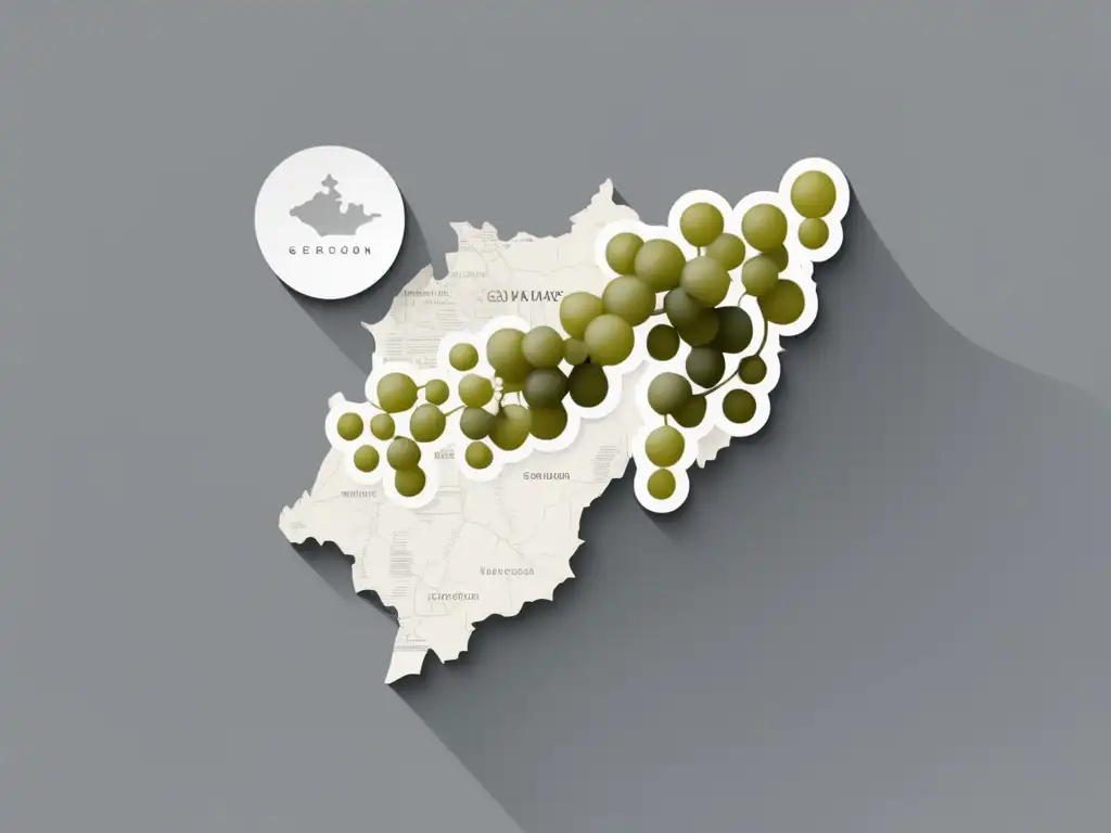 Mapa minimalista de geolocalización de viñedos, con iconos de uvas, en tonos grises