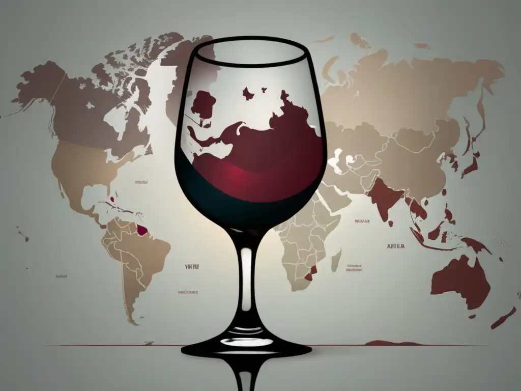 Mapa Asia y África con copa vino elegante y simétrica, lleno de vino rojo, destacando cambio climático en regiones vinícolas