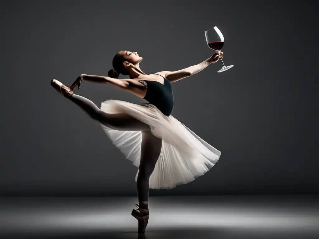 Maridaje vino y ballet: una bailarina elegante sostiene una copa de vino, reflejando armonía y belleza