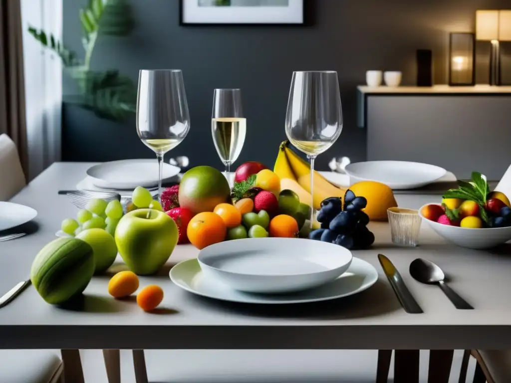 Maridaje básico vinos alimentos - Mesa elegante con vajilla blanca y frutas y verduras frescas