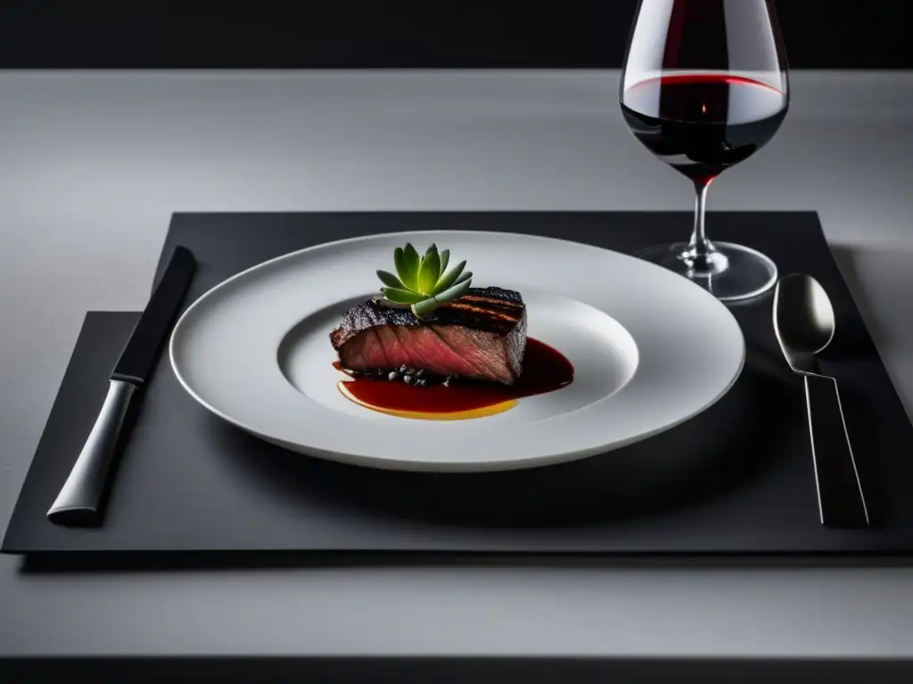 Maridaje cocina argentina y Malbec: Asado argentino perfectamente grillado en un plato blanco sobre mesa negra, acompañado de Malbec rojo intenso