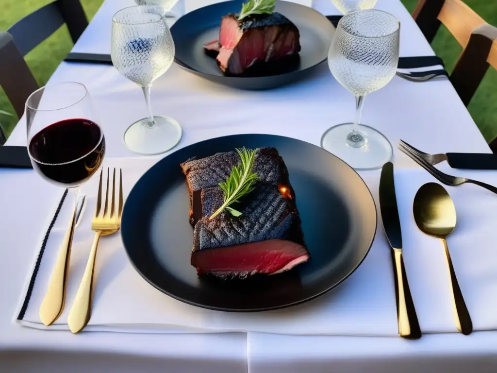 Maridaje entre cocina argentina y Malbec: mesa minimalista con asado argentino y vino tinto