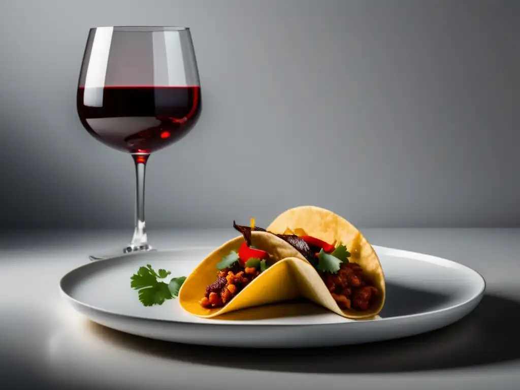 Maridaje vino cocina mexicana: Tacos al pastor y vino tinto en una composición minimalista