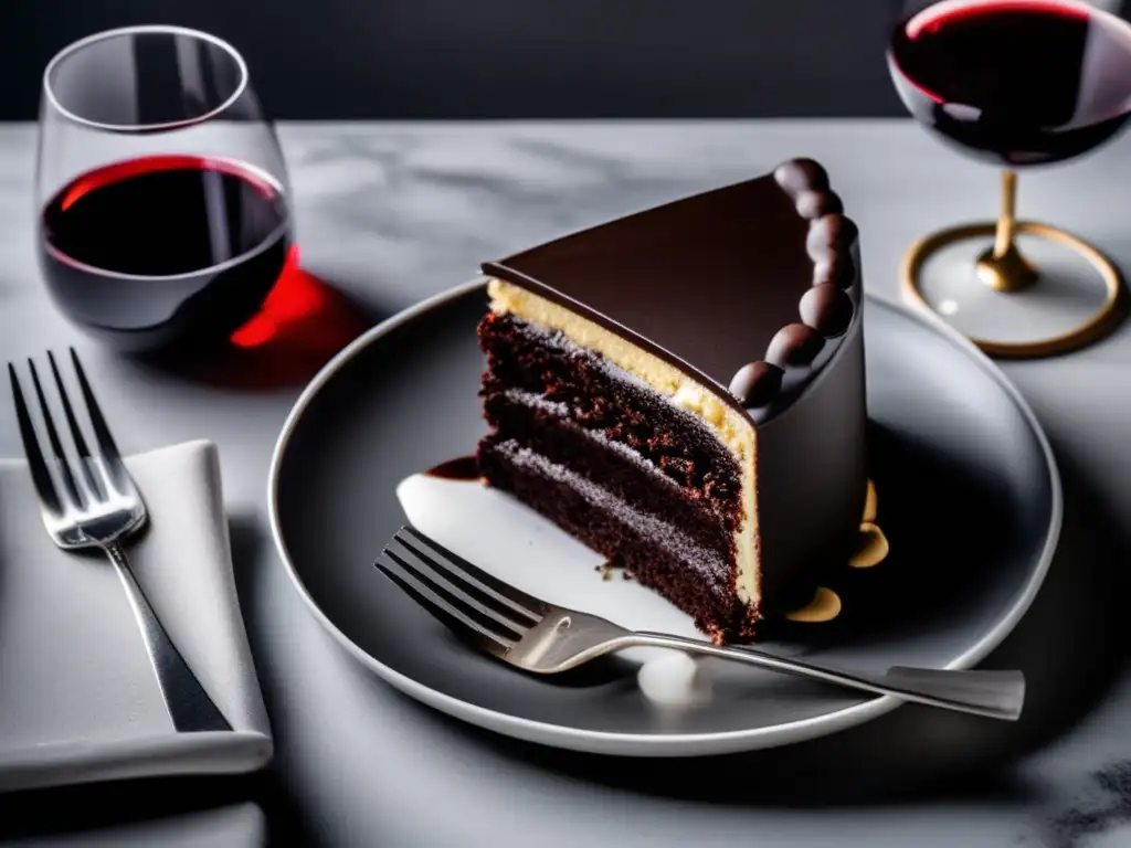 Maridaje dulce: Plato blanco sobre superficie de mármol con tarta de chocolate y vino tinto brillante