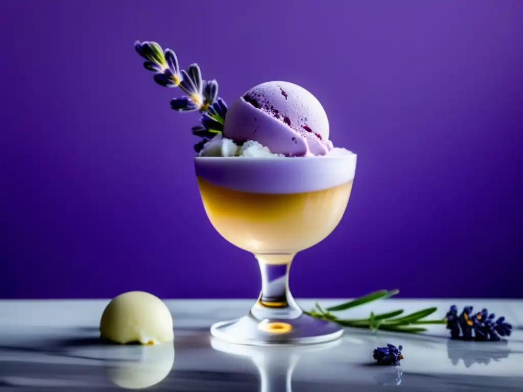 Maridaje dulce: vino y repostería en elegante imagen de helado de lavanda y copa de vino