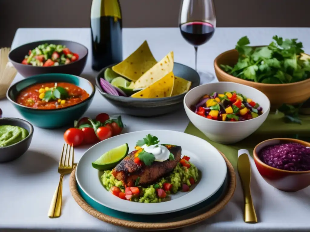 Maridaje vino cocina mexicana: mesa elegante con platos coloridos y copas de vino