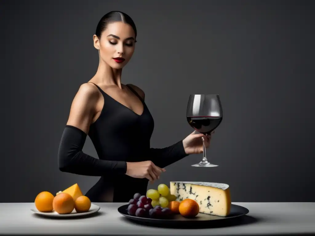 Maridaje vino y ballet: Imagen minimalista de una bailarina de ballet sosteniendo graciosamente una copa de vino en una mano, con una botella de vino tinto y una bandeja de quesos y frutas variadas elegantemente dispuestas en una mesa junto a ella