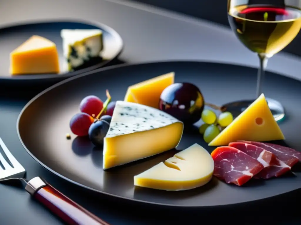 Maridaje perfecto: Catadores guías vinos alimentos - Pristine white plate with red wine, gourmet cheeses, cured meats, and fruits