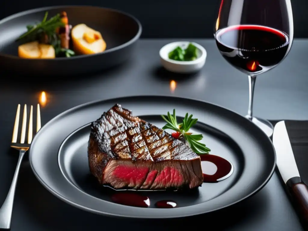 Maridaje perfecto: Catadores guías vinos alimentos - Plato blanco con vino tinto y steak medio raro, decorado con salsa de reducción de vino rojo